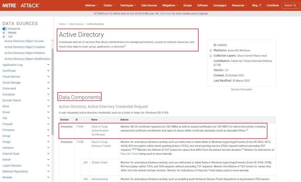 Active Directory Page on MITRE Data Sources