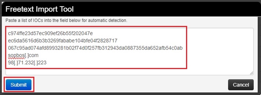 Adding IOCs Freetext Import Tool Form