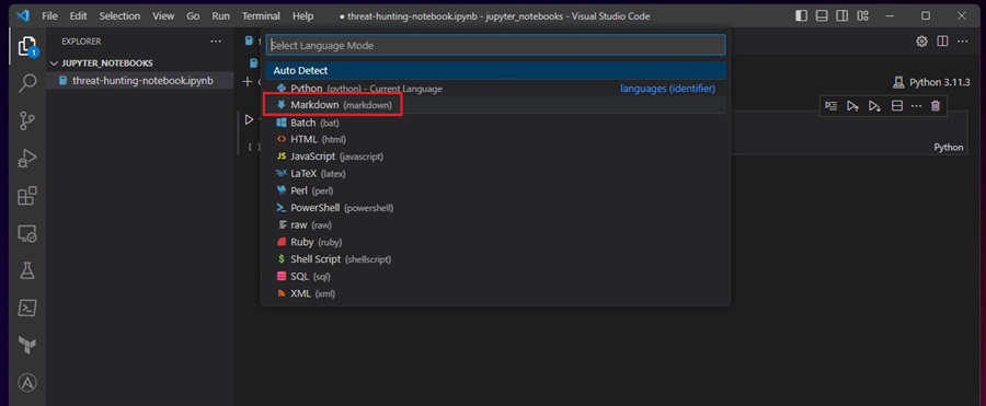 Selecting Markdown Language for Jupyter Notebook Cell