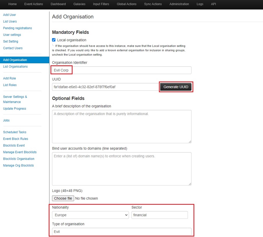 Creating an Organization in MISP