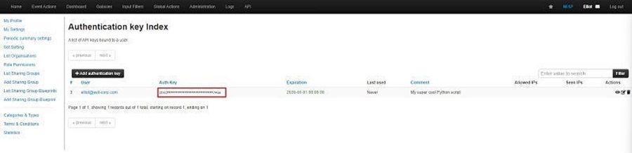 Creating API Authentication Key in MISP
