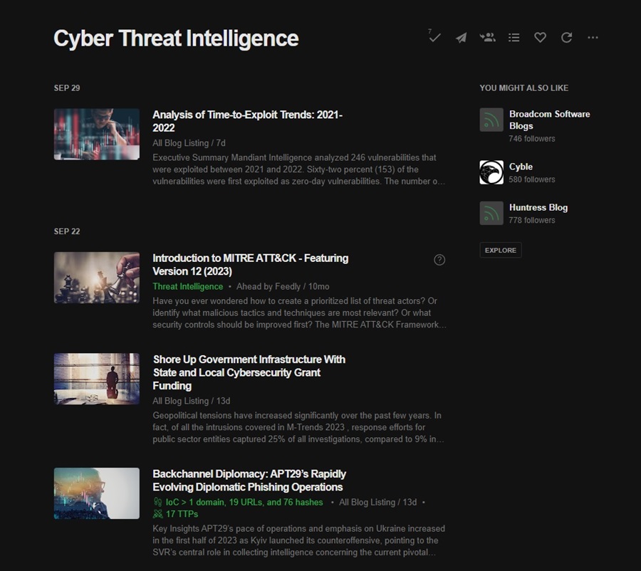 Cyber Threat Intelligence Folder Screen in Feedly