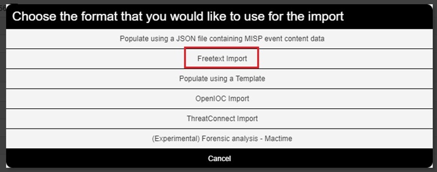 Selecting the Freetext Import Option From Populate From Popup Menu