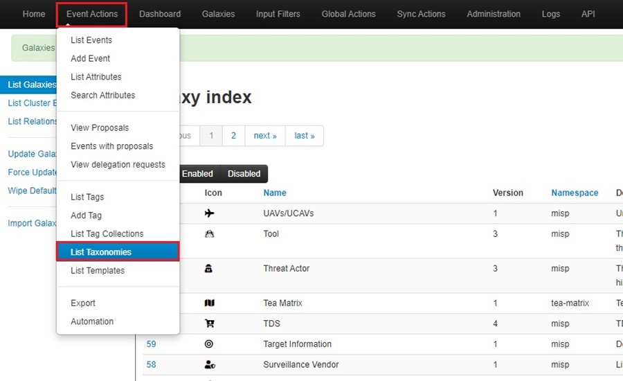 Listing MISP Taxonomies 