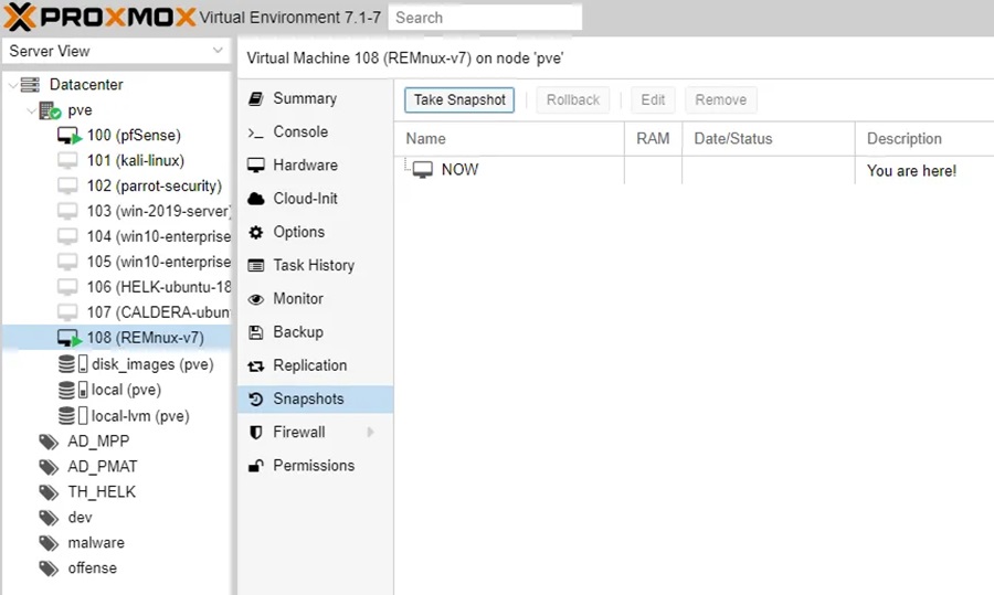 Proxmox VM Snapshot Screen