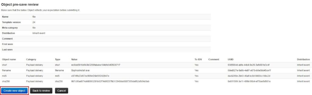 Reviewing MISP Object Form