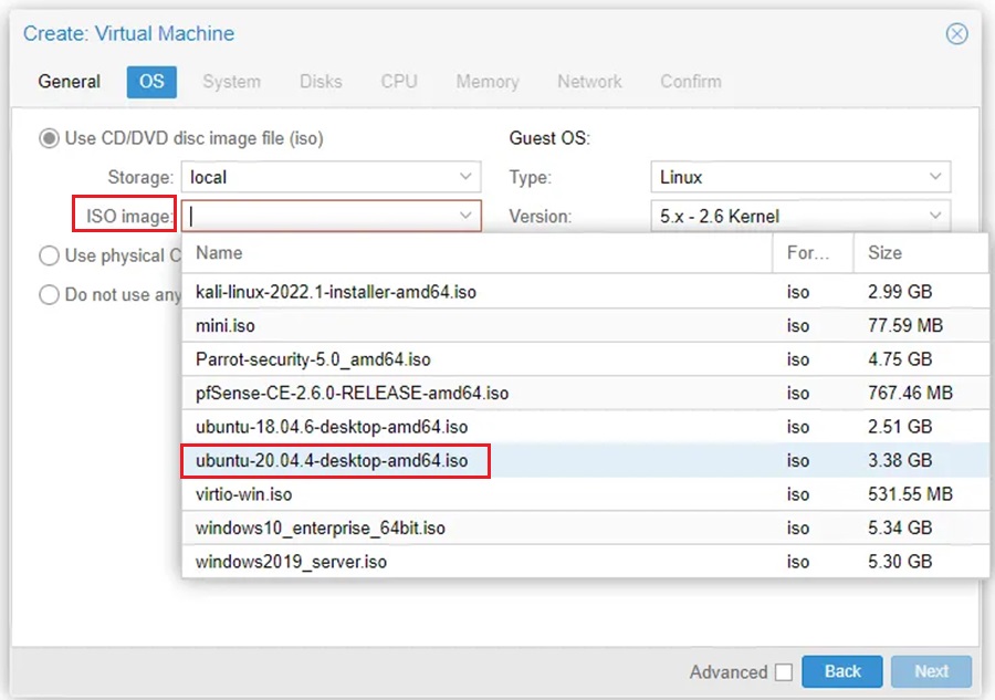 Selecting Proxmox ISO Image