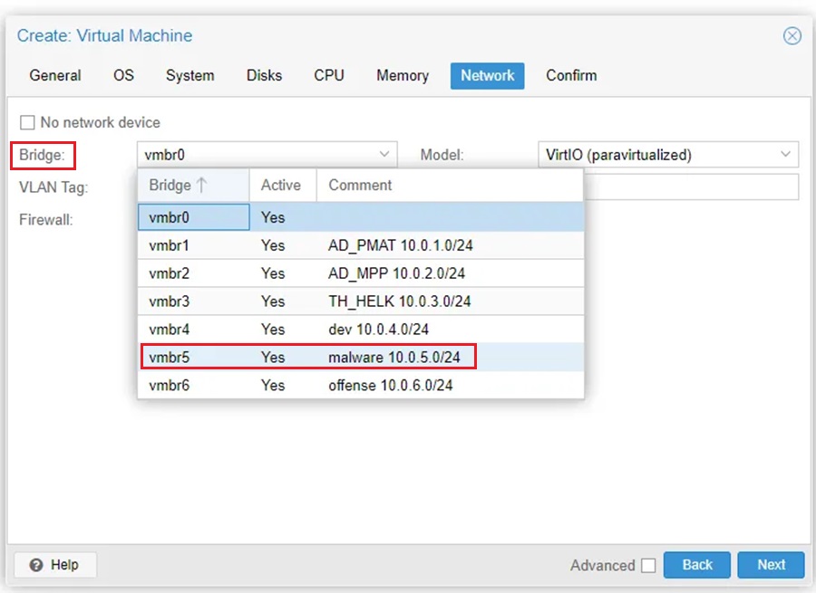 Selecting the Proxmox Network Bridget to Attach Virtual Machine to