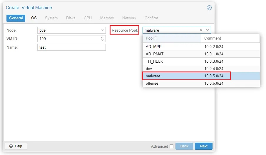 Selecting Proxmox Resource Pool