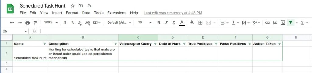 Threat Hunting Documentation Spreadsheet