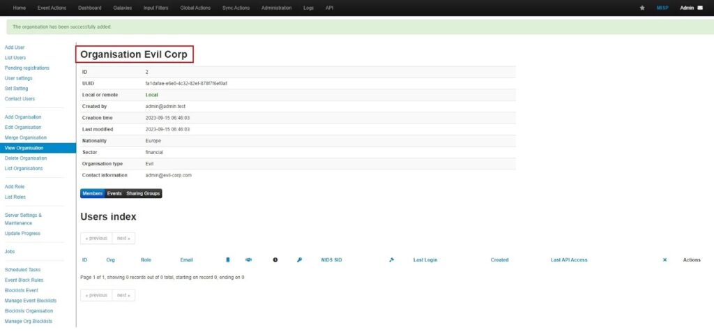 Successfully Adding Organization in MISP