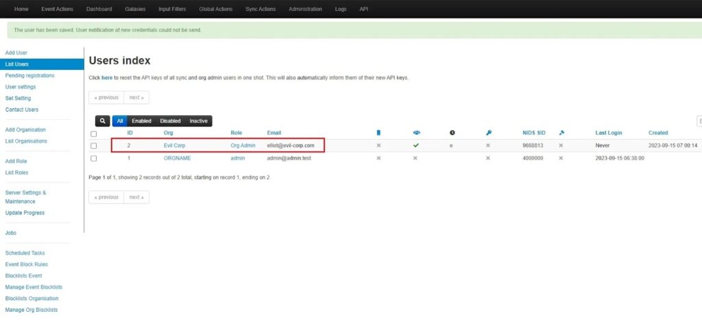 Successfully Adding a User in MISP