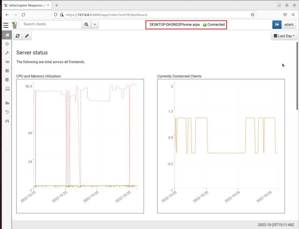 Velociraptor Web GUI with Victim Machine Connected