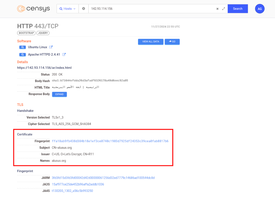 Getting SSL Certificate Fingerprint From Censys