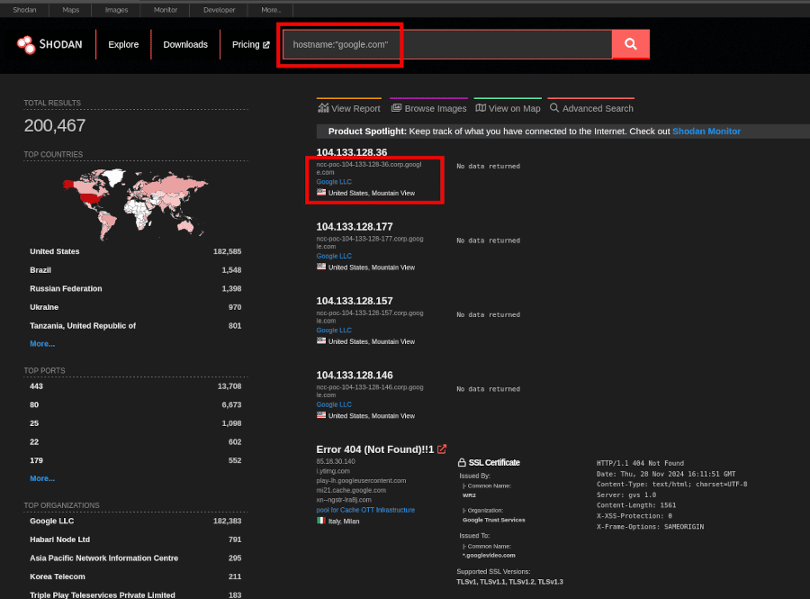 Searching for a Hostname in Shodan