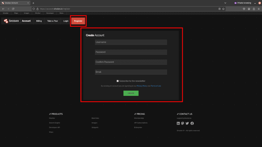 Shodan Register Page