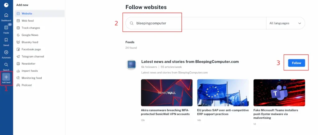 Add Feed to Inoreader for CTI Aggregator