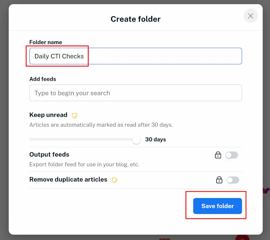 Inoreader Create Folder Menu