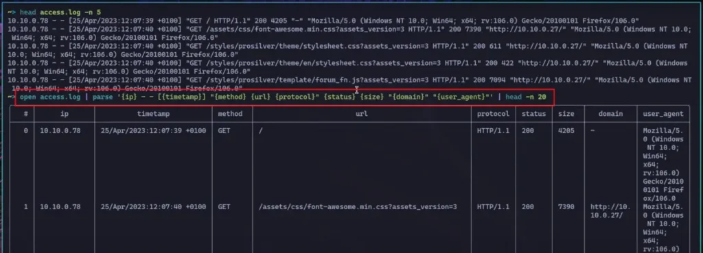 Nushell Apache Access Log Parsing