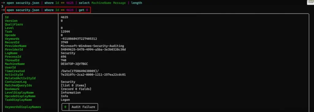 Nushell Windows Event Filtering